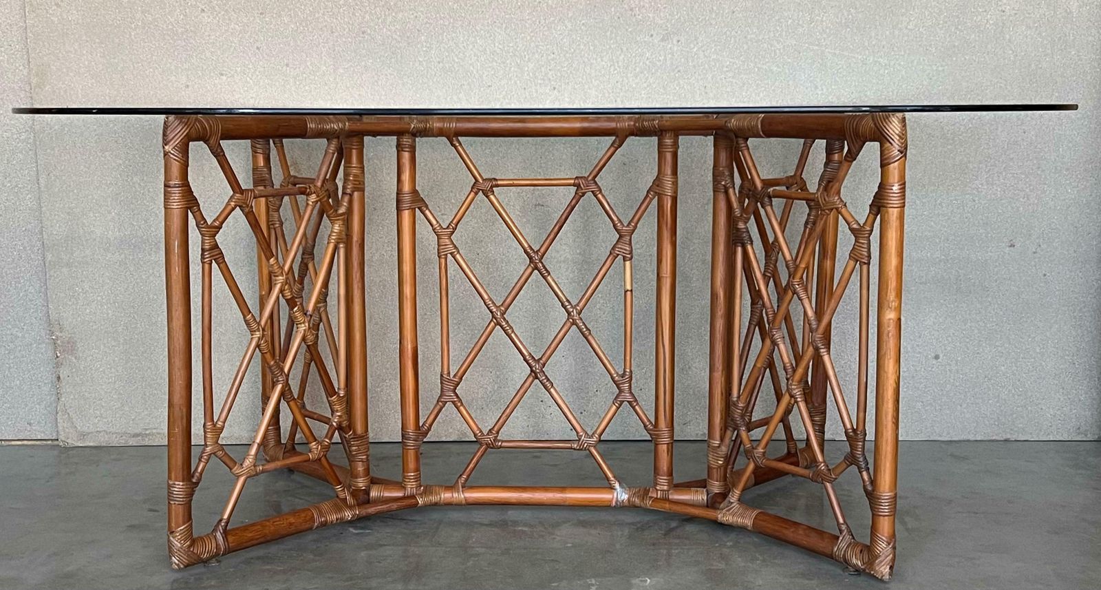 Chinese Chippendale Style Bamboo Dining Table With Oval Glass Top photo for sale