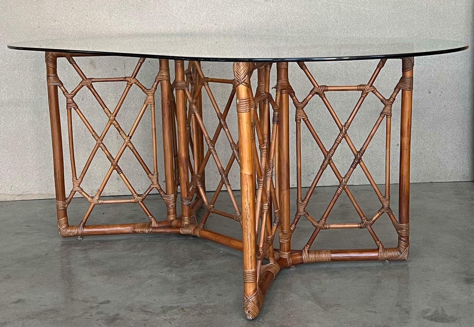 Chinese Chippendale Style Bamboo Dining Table With Oval Glass Top photo 4932.0
