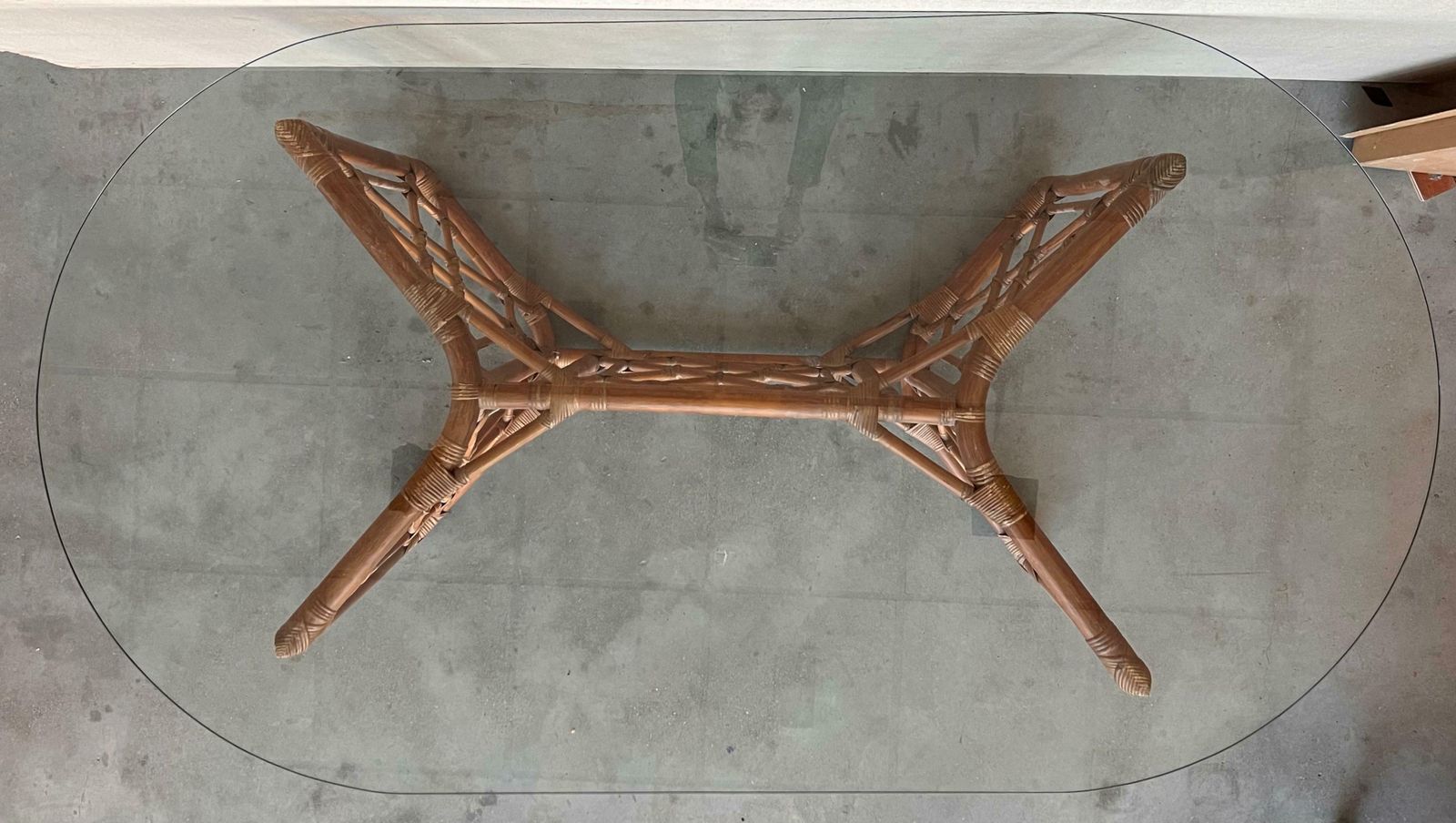 Furniture Chinese Chippendale Style Bamboo Dining Table With Oval Glass Top photo