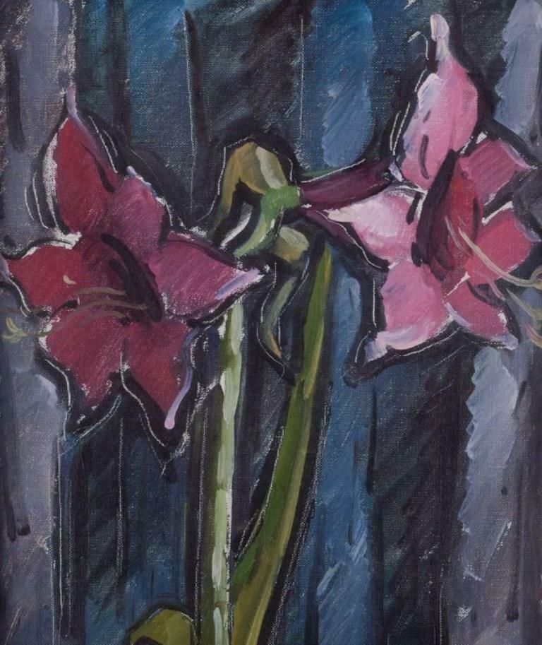 Ivan Franke, Swedish Artist. Oil On Canvas. Modernist Still Life With Amaryllis. photo furniture