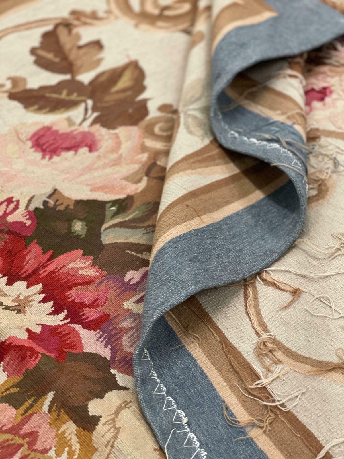 Blue Aubusson Rug Runner Beige Handwoven Carpet Floral Livingroom Rug Home Decor photo vintage