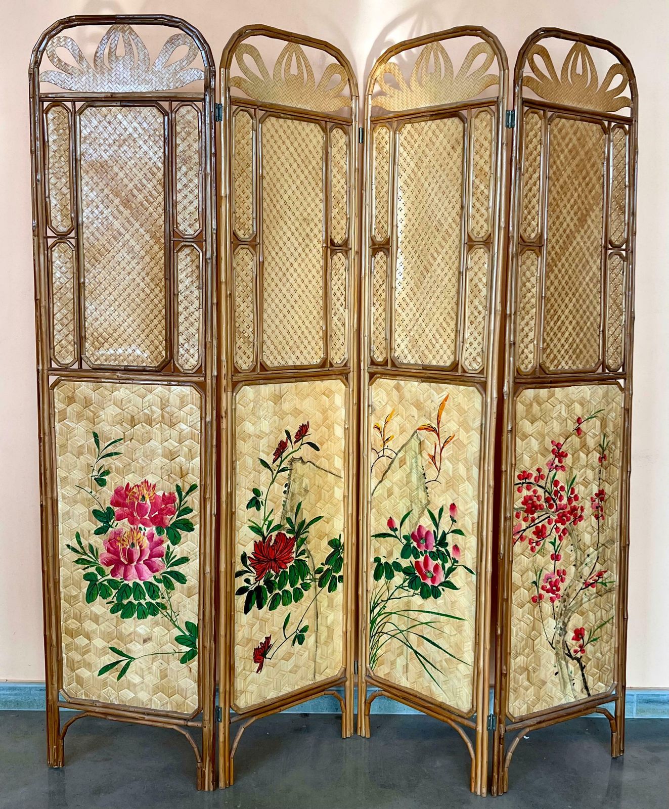 Sculptural Three Panel Folding Screen Room Divider In Rattan And Wicker, 1960s photo furniture