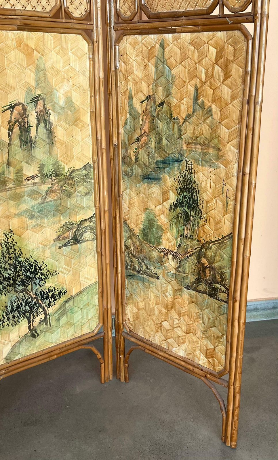 Sculptural Three Panel Folding Screen Room Divider In Rattan And Wicker, 1960s photo buy