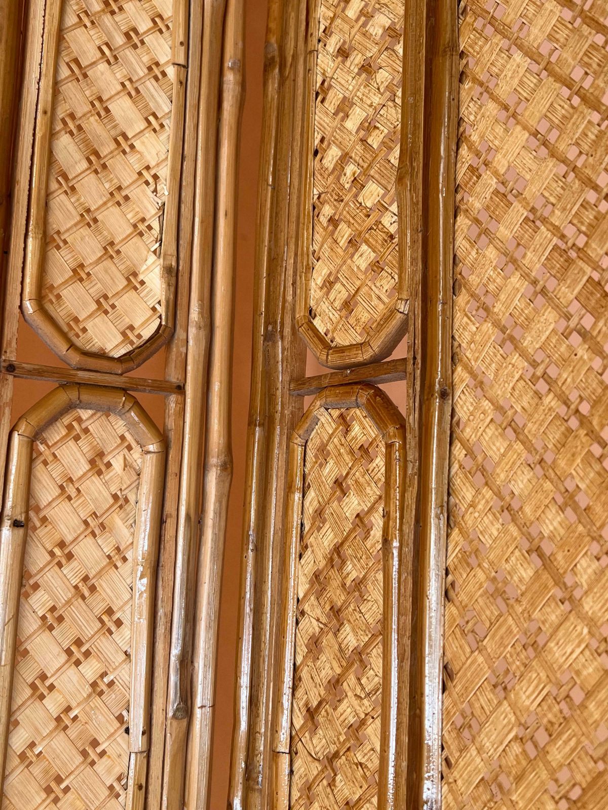 photo for sale Sculptural Three Panel Folding Screen Room Divider In Rattan And Wicker, 1960s