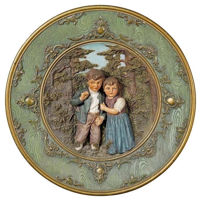 Terracotta Wall Plate With Whimsy Children In Farmer Costumes By Johann Maresch