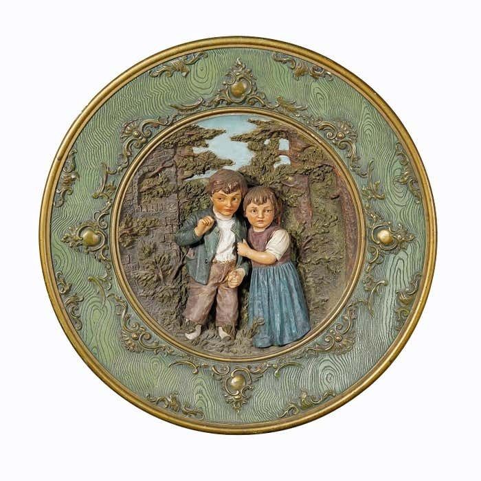 Terracotta Wall Plate With Whimsy Children In Farmer Costumes By Johann Maresch photo furniture