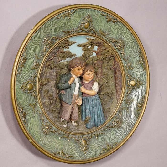Terracotta Wall Plate With Whimsy Children In Farmer Costumes By Johann Maresch photo Art