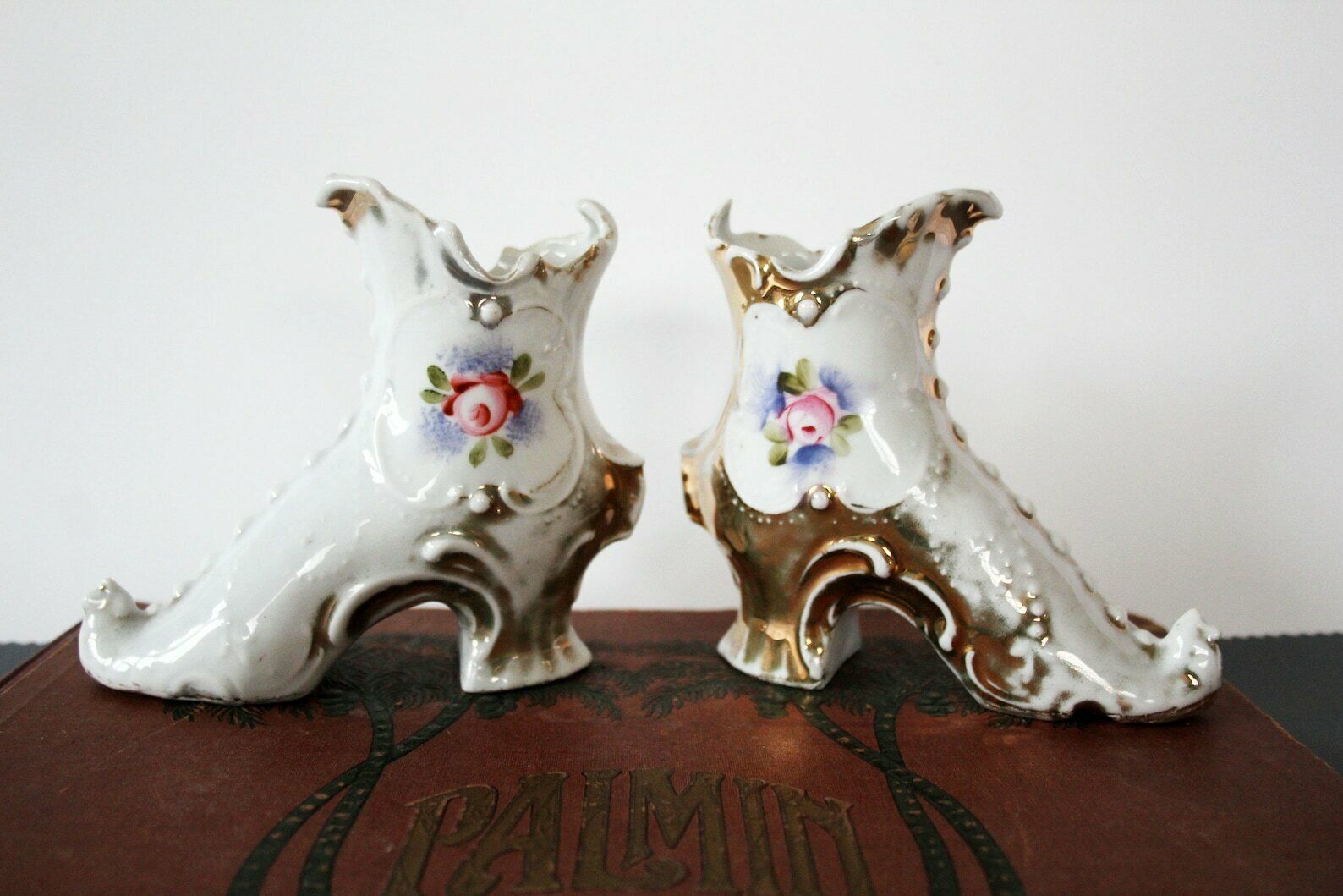2 Antique Miniature Porcelain Shoe Figurine, Hight Heeled Boots, Shoe Trinket Bowl, Gold Decoration, Circa 1910s, Hand Painted Roses