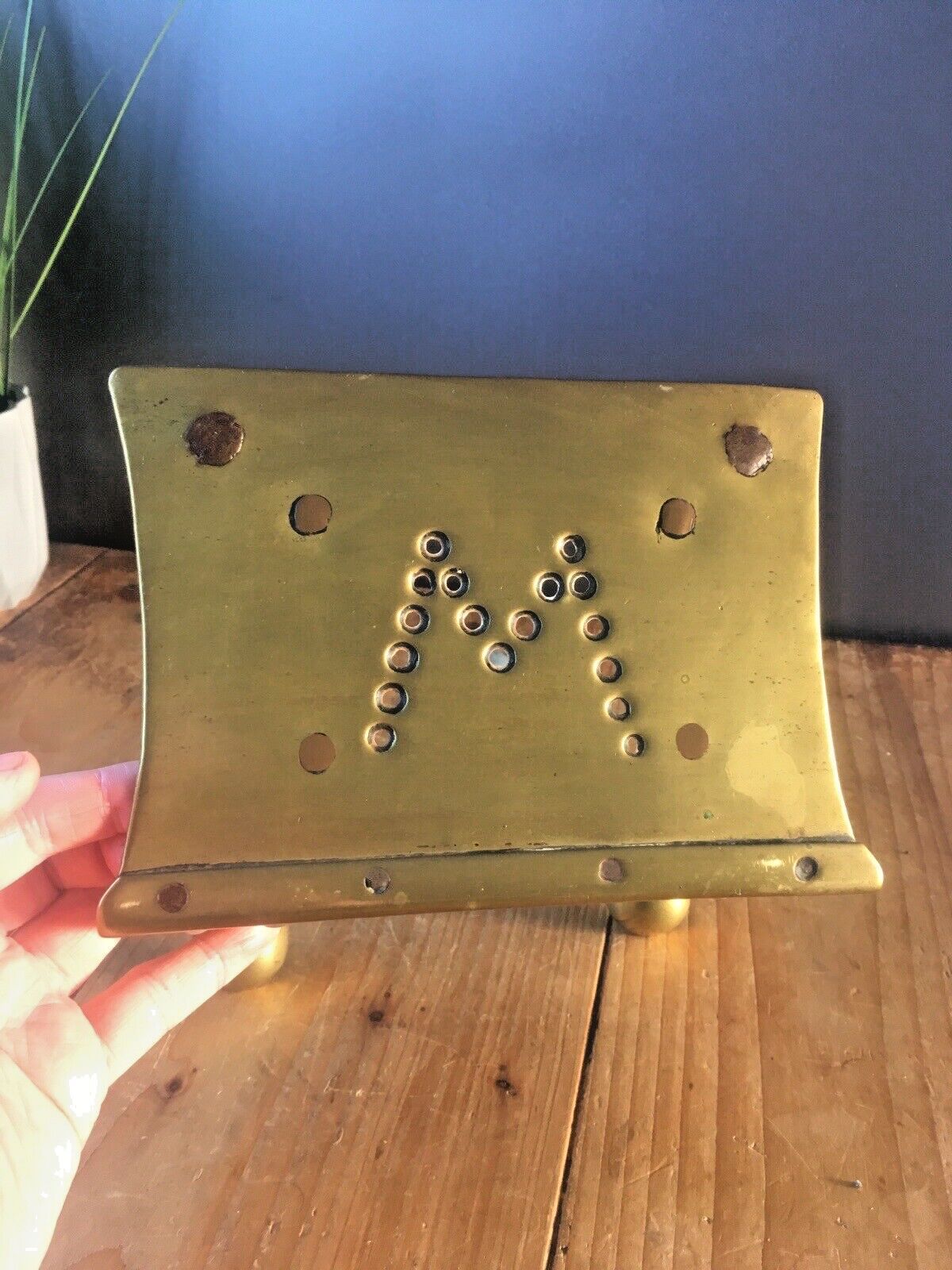 Antique Brass & Wrought Iron Riveted M Monogrammed Footman Trivet Plate Warmer photo buy