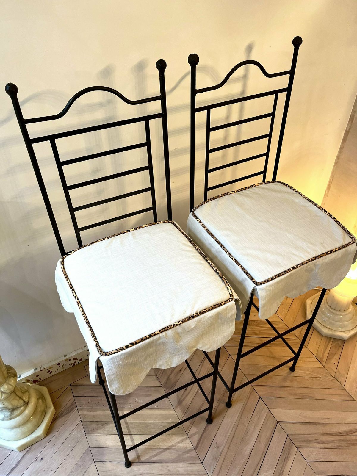 Pair Of Cast Iron Tall Stools With Scalloped Cushions photo 460.0