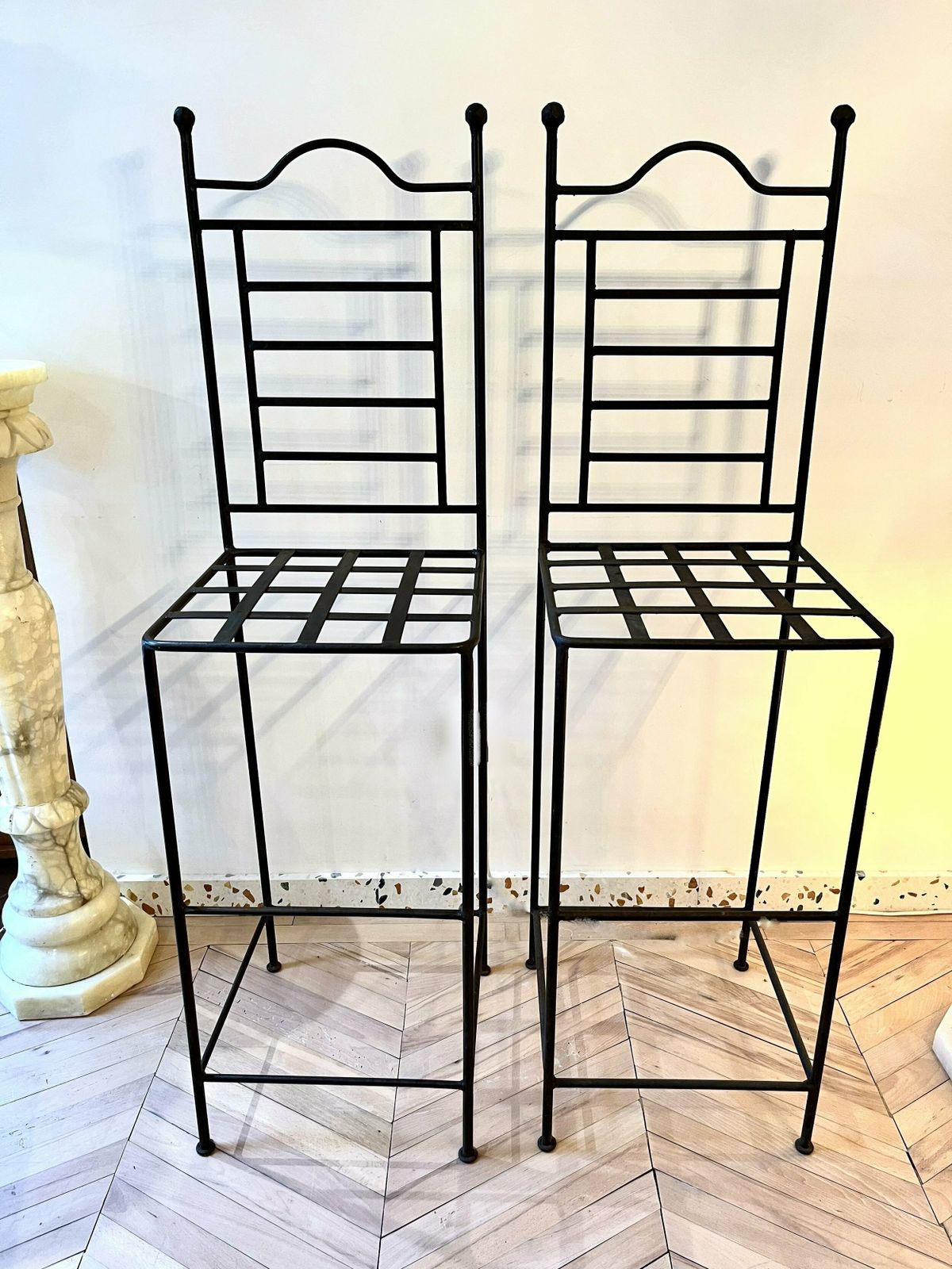 Pair Of Cast Iron Tall Stools With Scalloped Cushions photo buy
