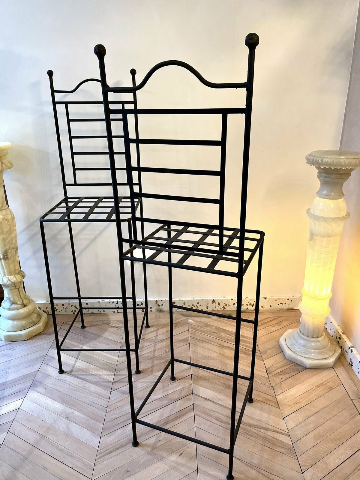 460.0 Pair Of Cast Iron Tall Stools With Scalloped Cushions photo