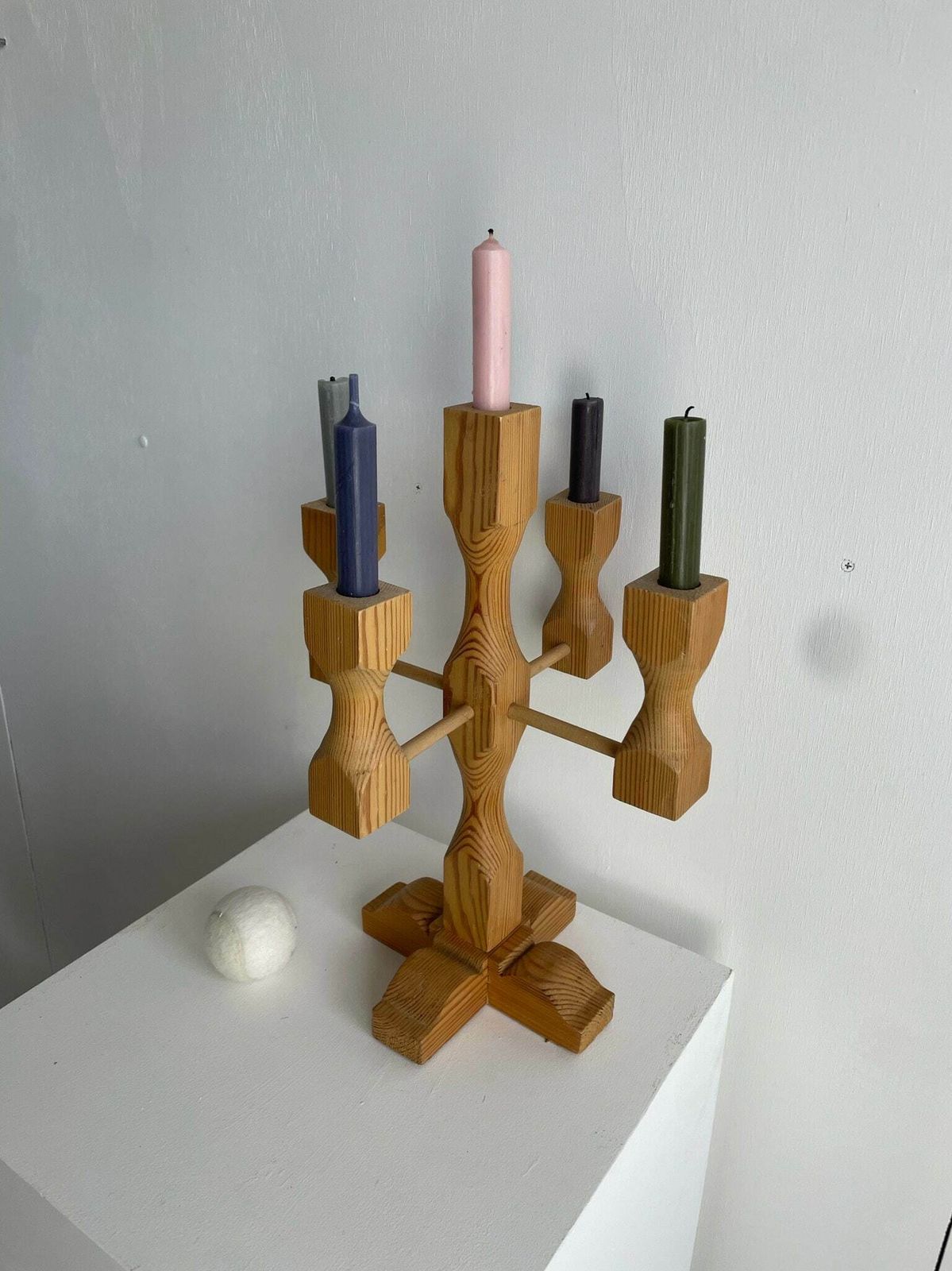 1970s Swedish Pine Candlestick For 5 Candles, Hand Made Quirky Rustic photo vintage