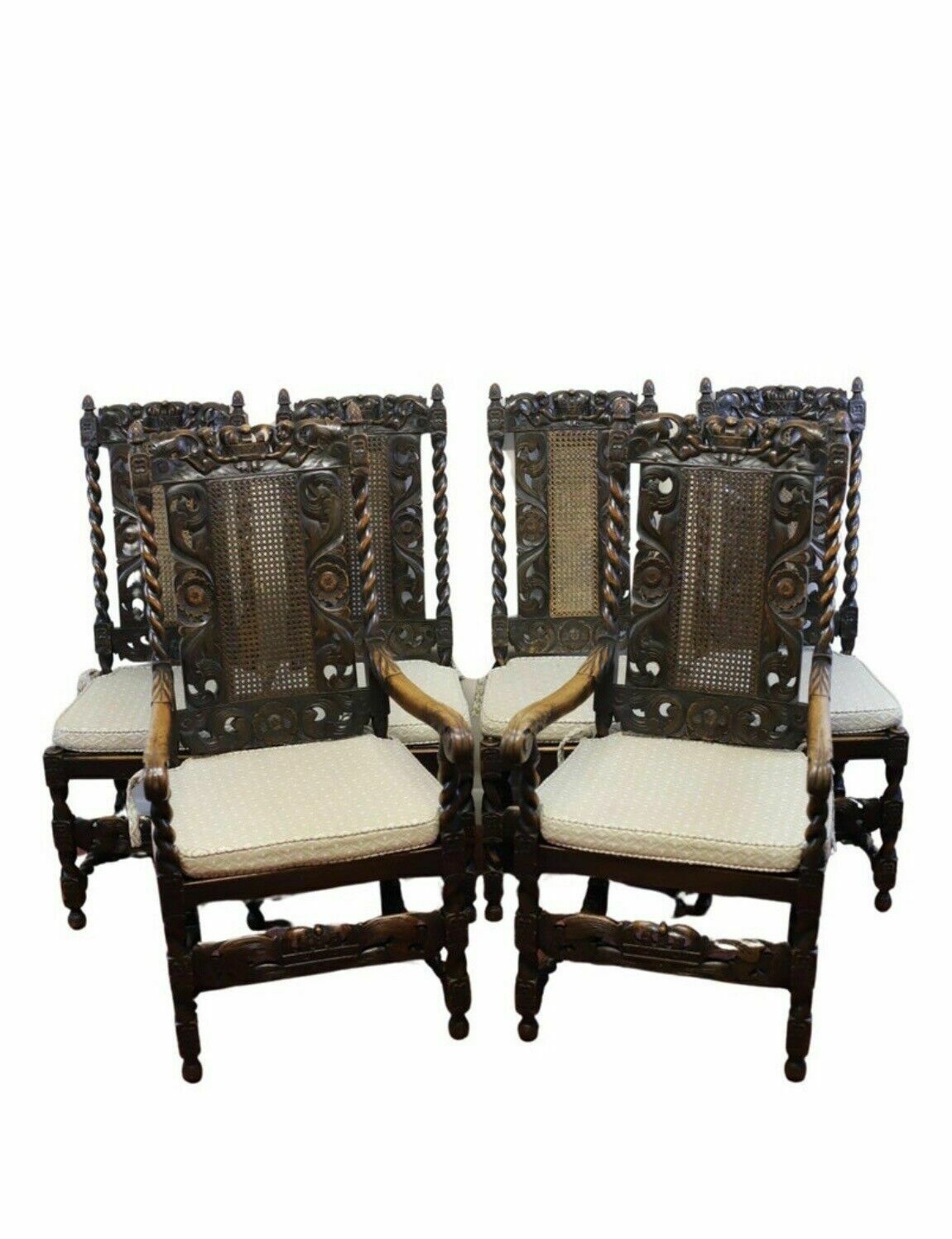Lovely Set Of Six Victorian Carved Oak Carolean Style Dining Chairs