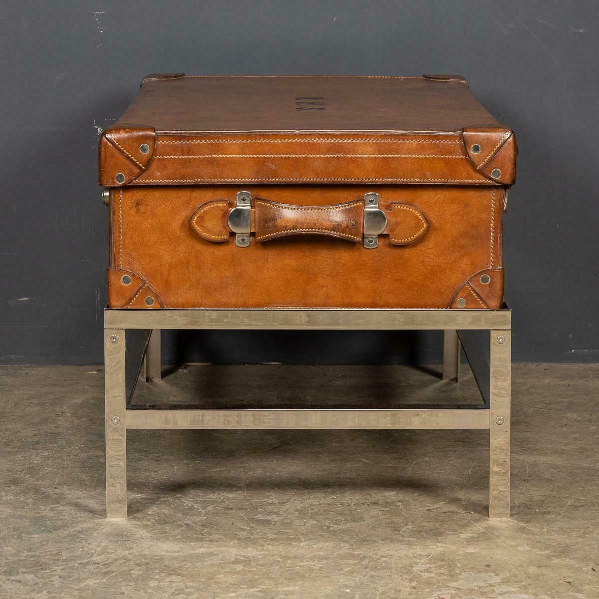 20th Century English Leather Trunk On Metal Stand, C.1910 photo furniture