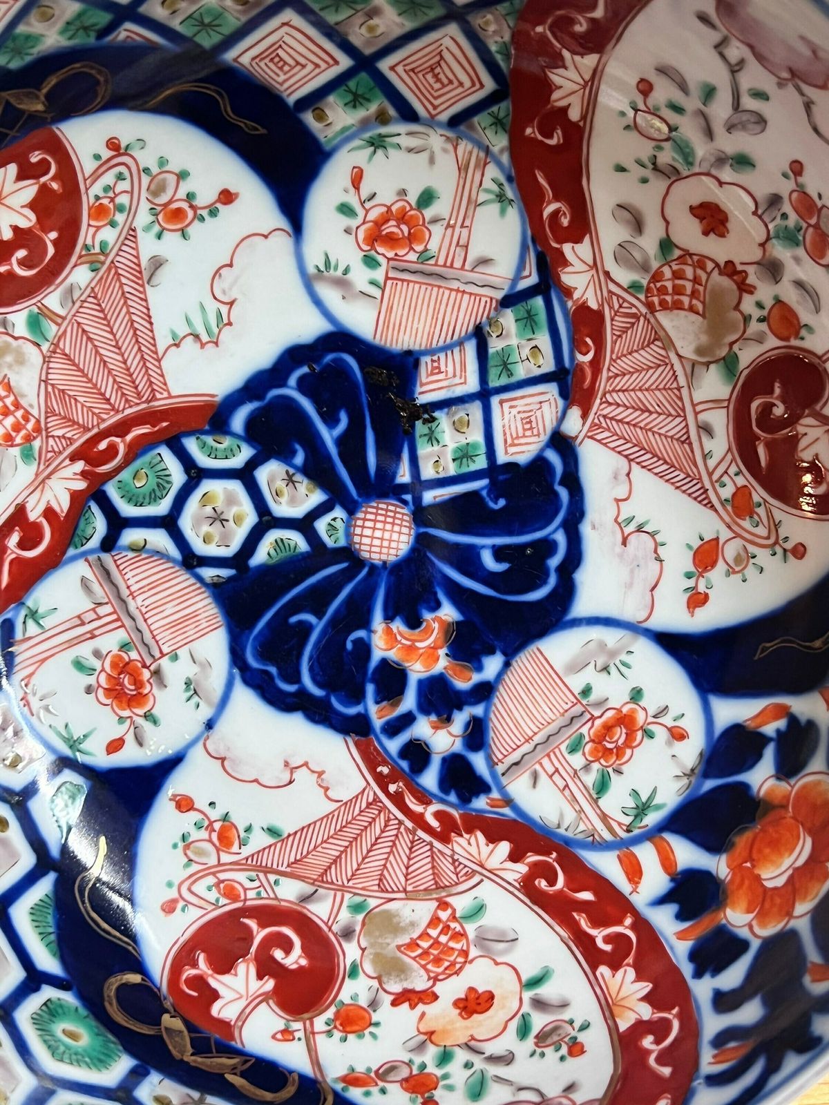Antique Japanese Quality Imari Bowl Having Round Shaped Edge With Wonderful Hand Painted Flowers, Leaves And Flowers In Red, Blue, Green, photo Home Decor