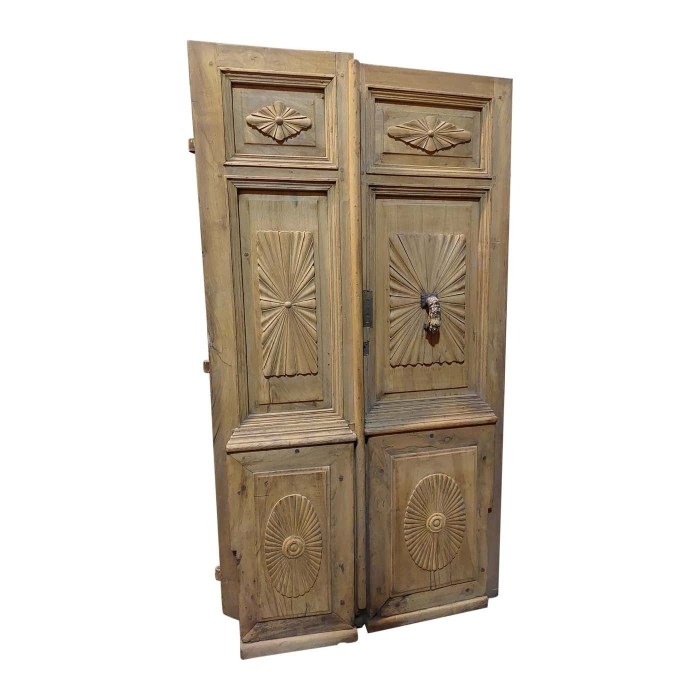 Old Double Entrance Door In Poplar Wood, Carved With Knocker, Italy