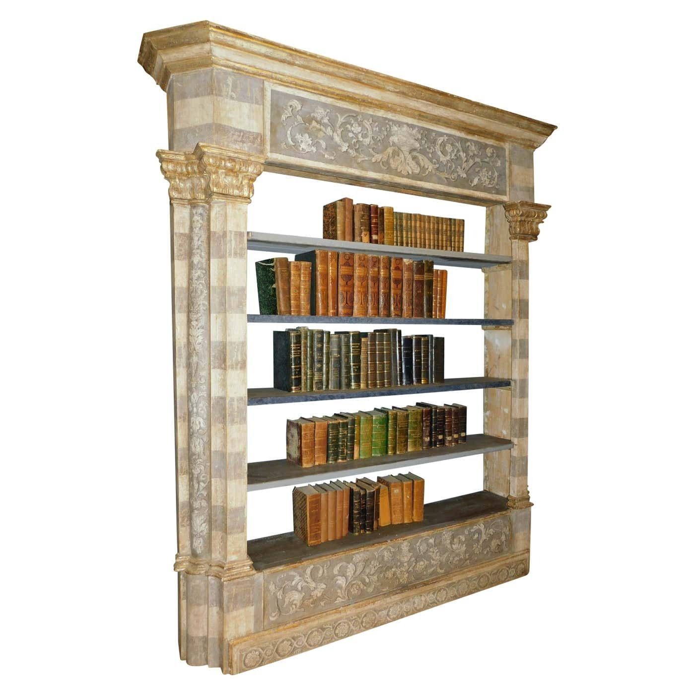 Antique Library Bookcase, Built With Painted And Sculpted Portal, Florence Italy
