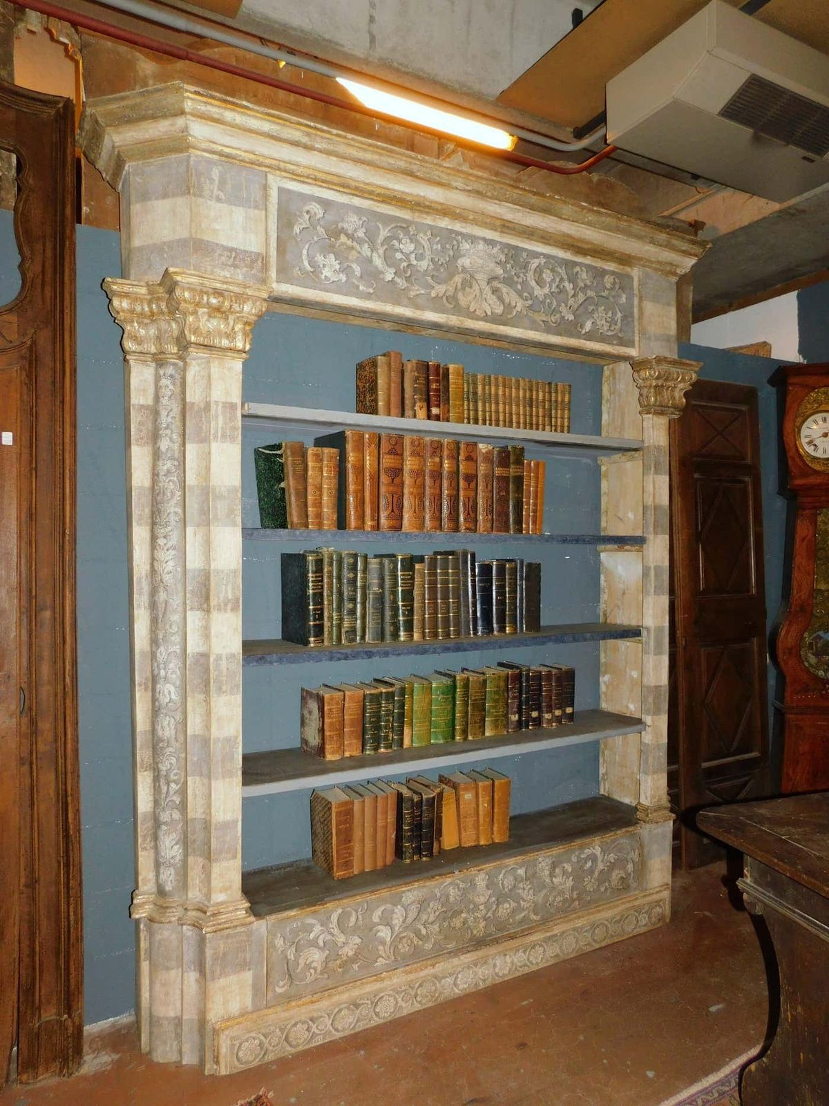 Antique Library Bookcase, Built With Painted And Sculpted Portal, Florence Italy photo vinterior