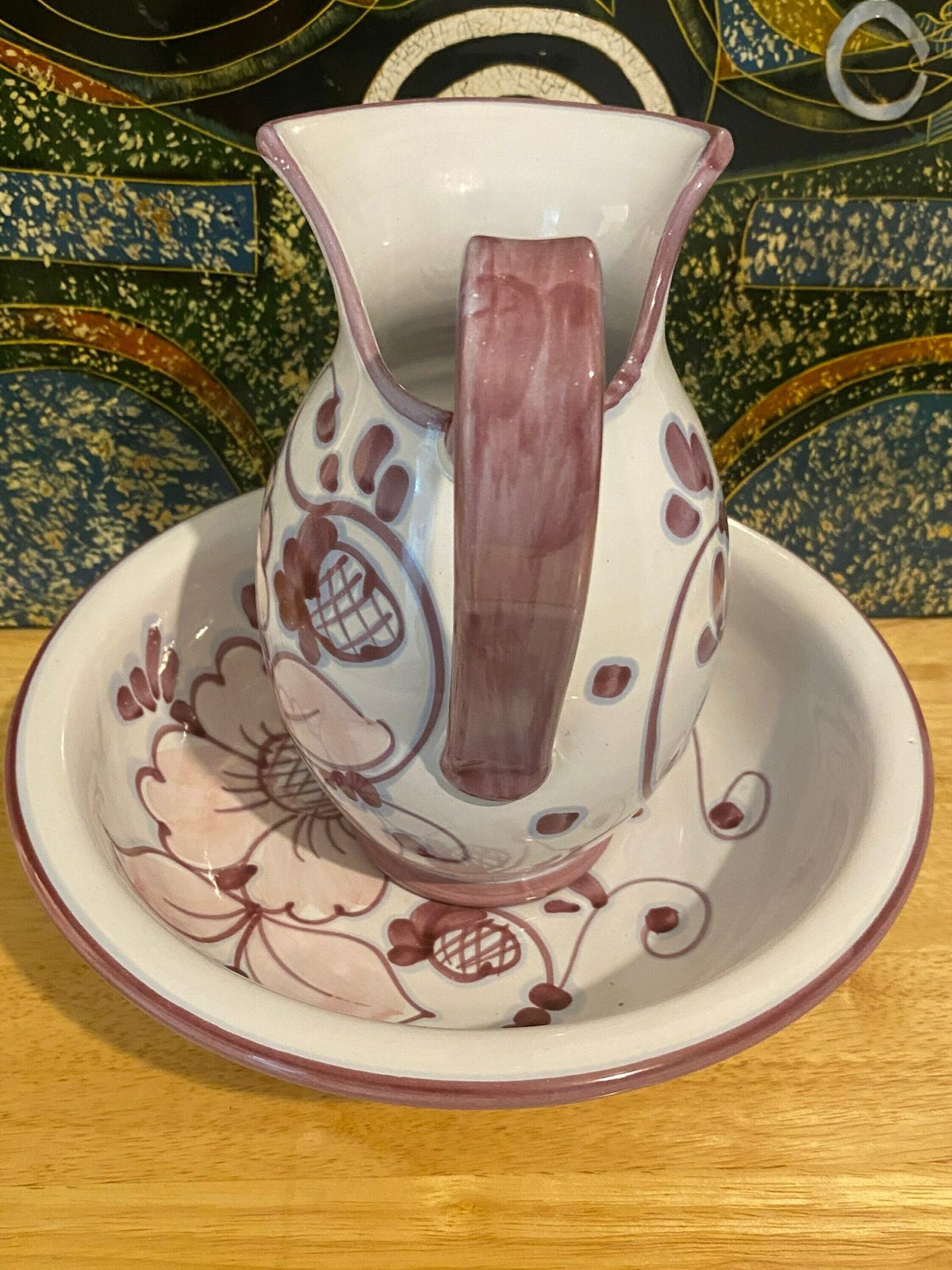 Italian Majolica Tin Glazed Pitcher And Bowl, Vintage Ewer & Basin Made In Italy, Italian Majolica Ceramic Chamber, Mid Century Modern Jug photo vinterior