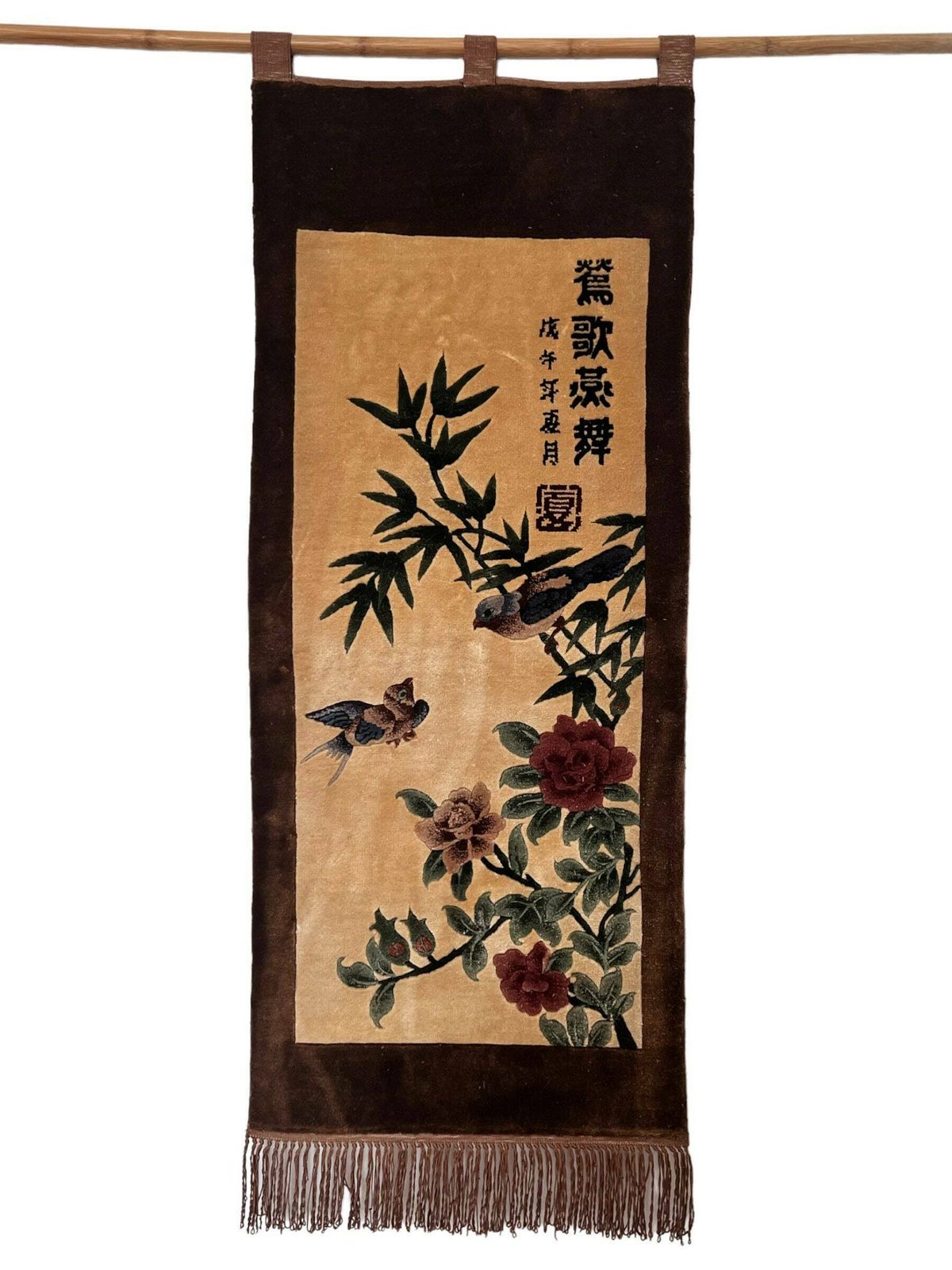 Antique Chinese Handwoven Silk Rug With Traditional Birds And Flowers Design