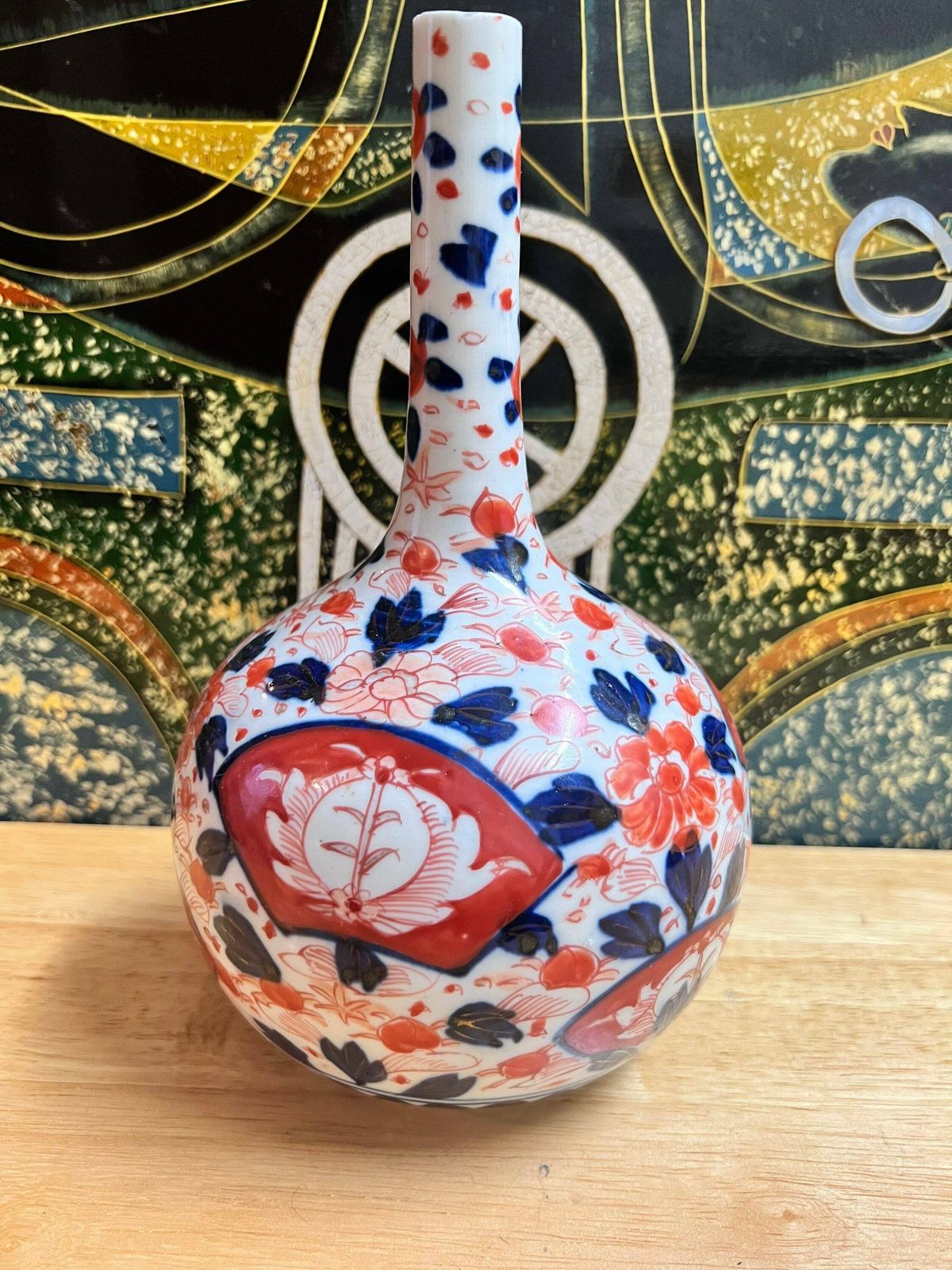 Antique Japanese Edo Porcelain Imari Bottle Vase 21cm Heights ” Blue, White, Red. Imari Handpainted Porcelain Bottle,Gift Idea photo for sale