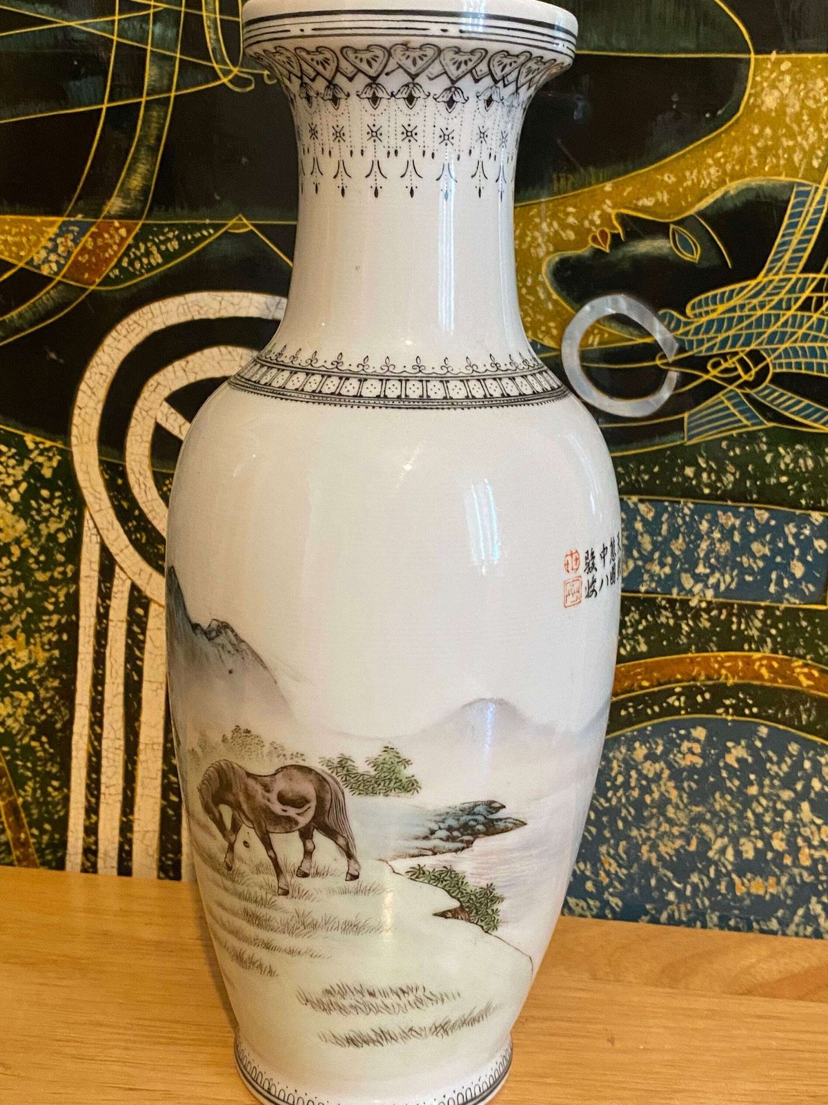 Chinese Porcelain 1930s  1970s Proc Vase Horses Of Wang Mu Calligraphy,