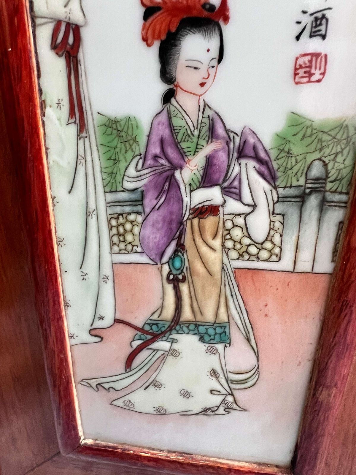 Porcelain Plaque Chinese Famille Verte Porcelain Plaque, Rose Wood Framed Chinese Republic Hand Painted Porcelain Plaque photo for sale