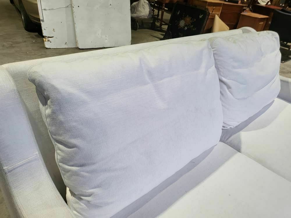 Sofa 2 Seat Feather Cushions Castors Curved Sides Oatmeal White Fabric photo vintage