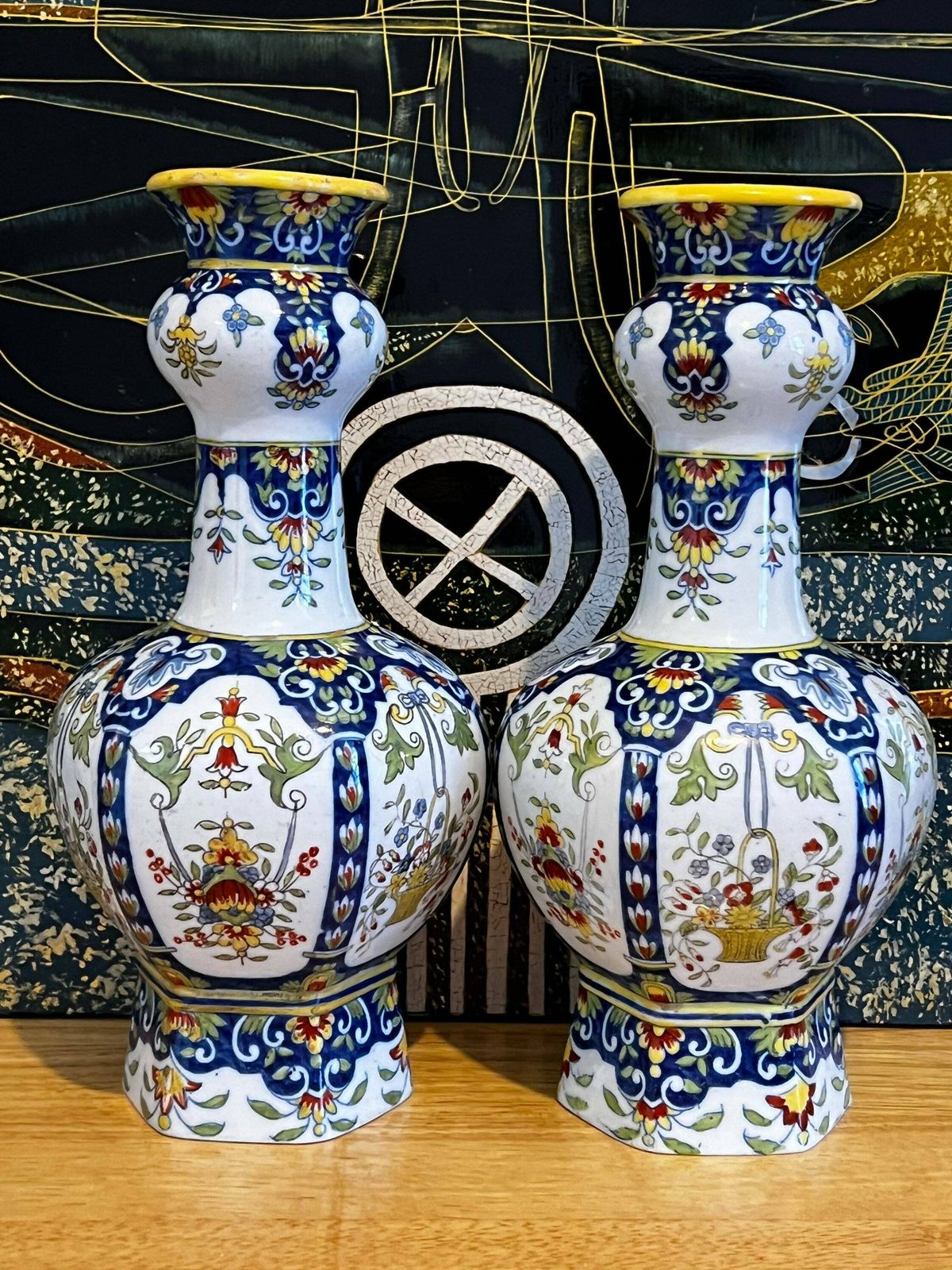 19th Century Polychrome Delft Vases, Earthenware / Porcelain Garlic Neck Double Vases, Delftware Porcelain Twin Vases photo furniture