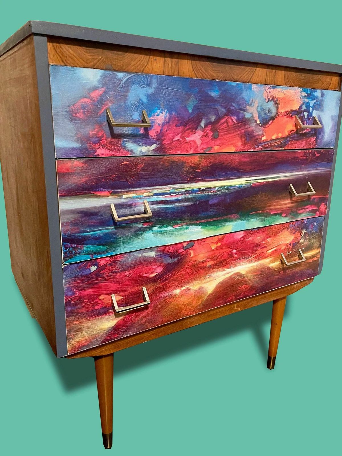 1950s Chest Of Drawers With Neon Bright Abstract Digital Print Decoupage Front photo Furniture