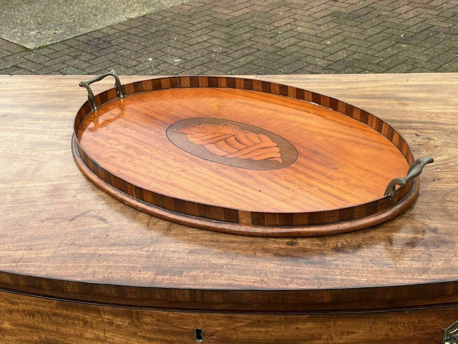 English Georgian Mahogany Tray With Marquetry Inlay & Brass Handles photo for sale