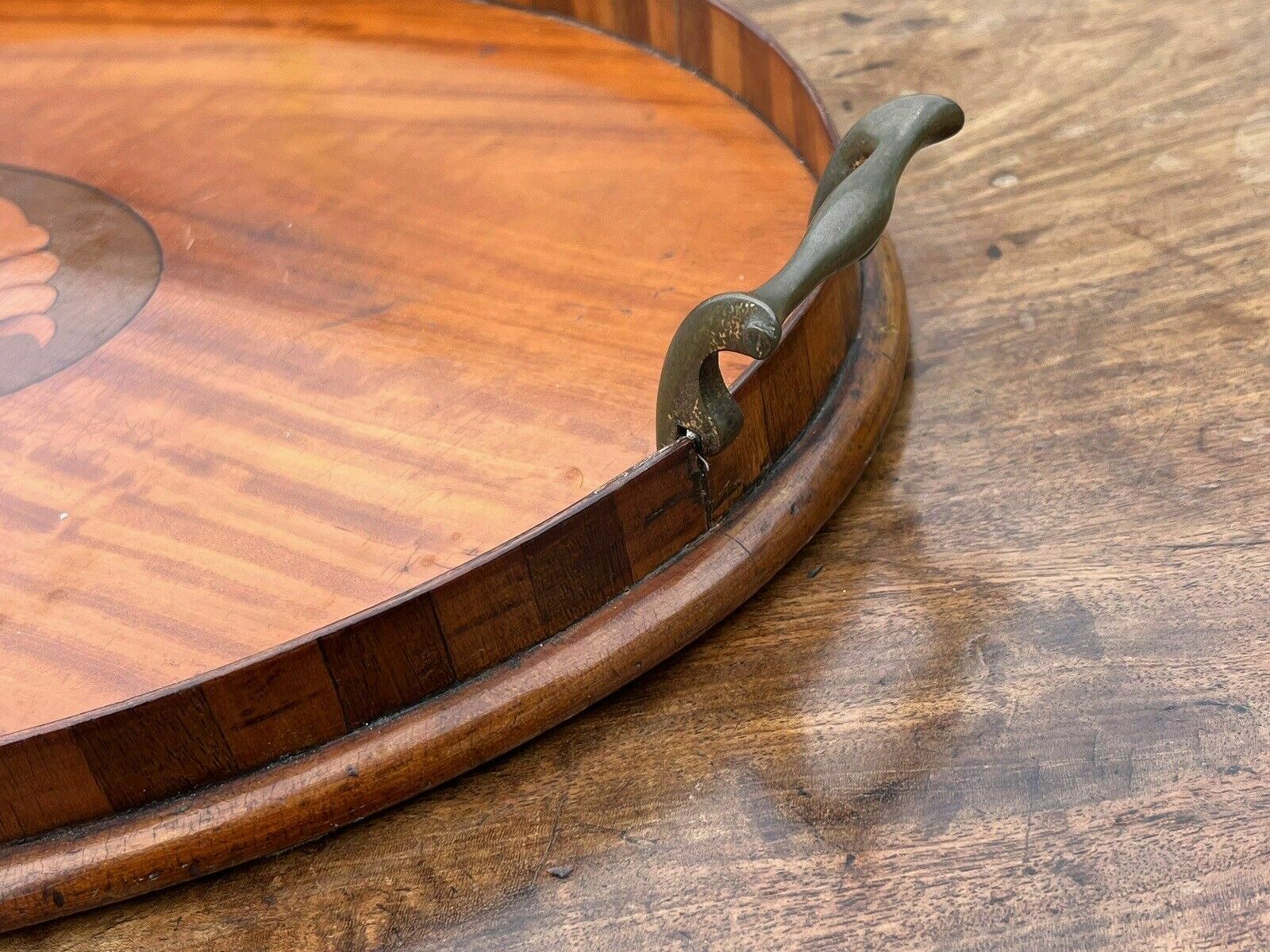 English Georgian Mahogany Tray With Marquetry Inlay & Brass Handles photo 200.0