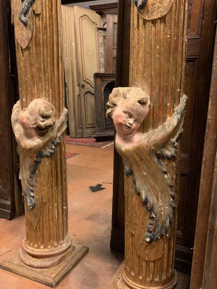 Pair Of Wooden Columns, Carved And Gilded With Polychrome Putti, From Spain. photo 19220.0