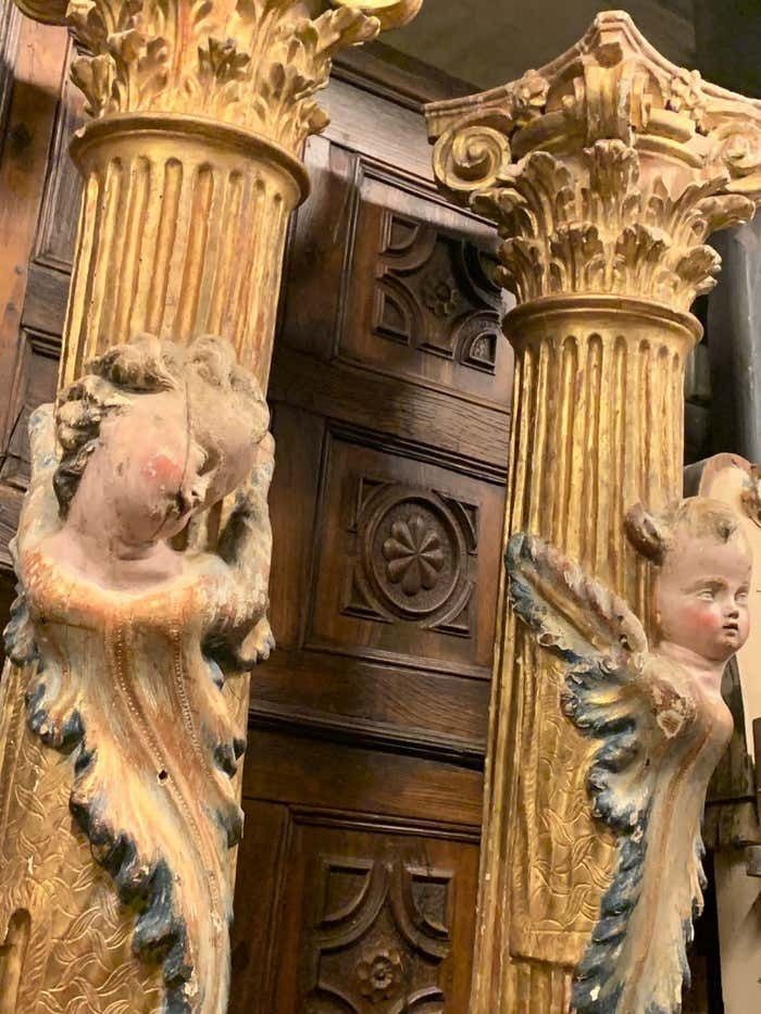 Pair Of Wooden Columns, Carved And Gilded With Polychrome Putti, From Spain. photo vinterior