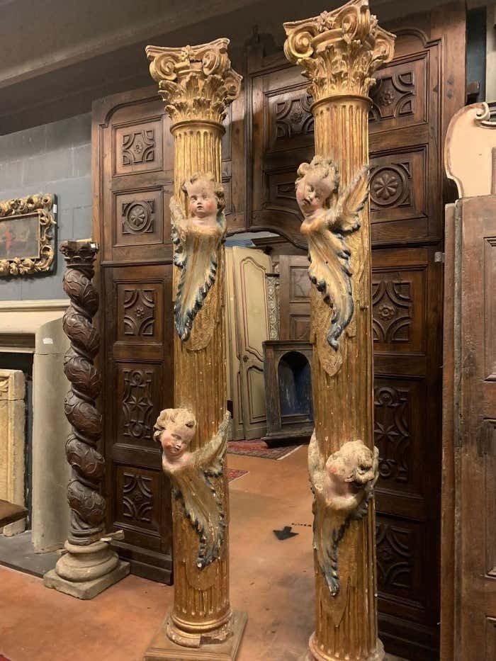 Pair Of Wooden Columns, Carved And Gilded With Polychrome Putti, From Spain. photo buy