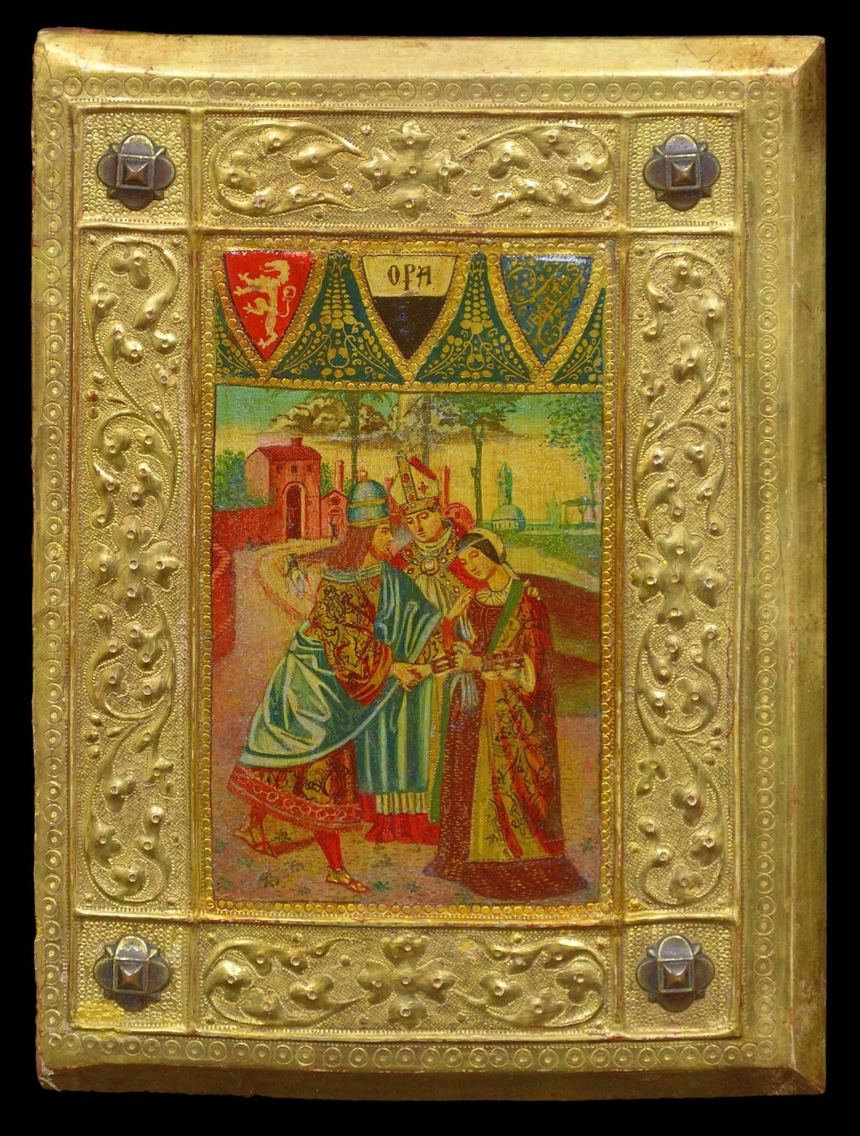 Icilio Federico Joni 1866 To 1946. Italian. Painted Wood Tavolette Book Cover Binding. The Biccherna Aesthetic. Siena. Sienese. Tuscany. Framed.