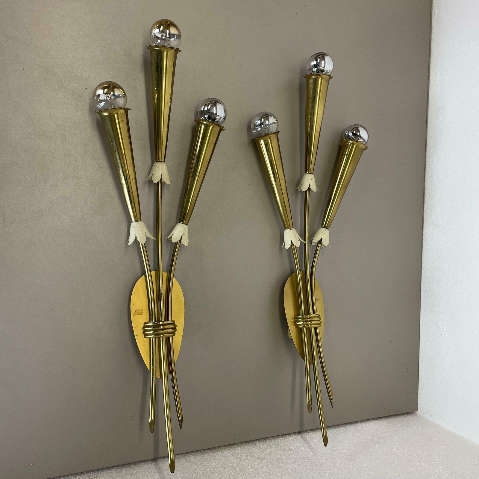 Set Of 2 Xl Brass 59cm Stilnovo Style Theatre Wall Light Sconces, Italy, 1950s photo 2184.0