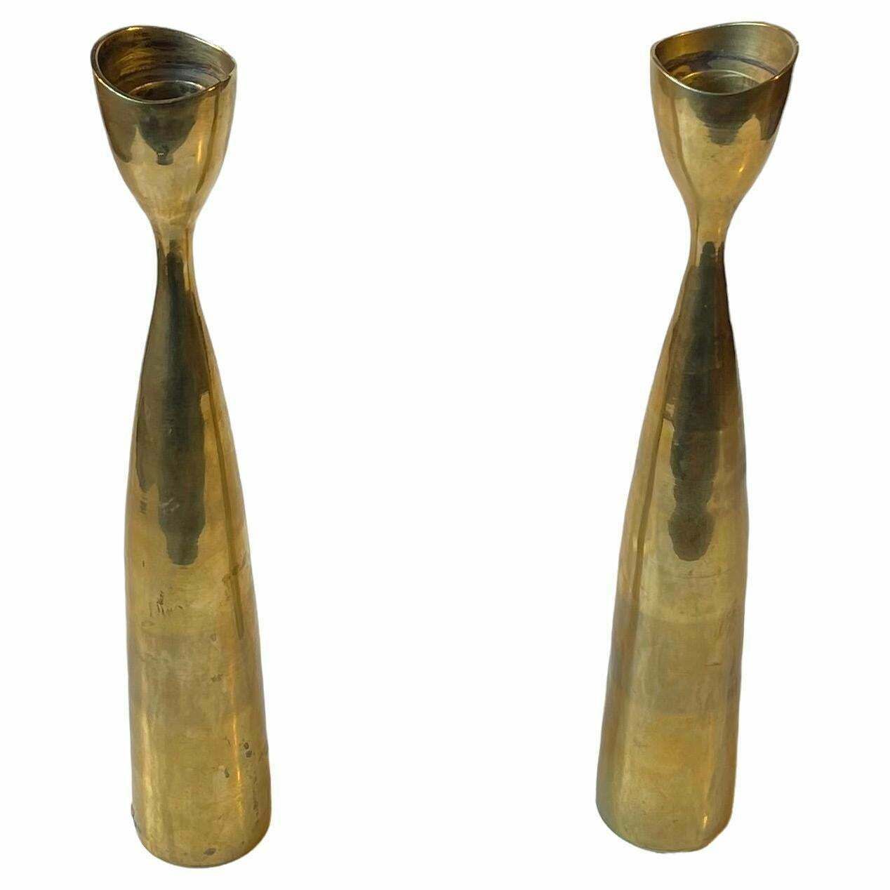 Tall Scandinavian Modern Tulip Candlesticks In Brass