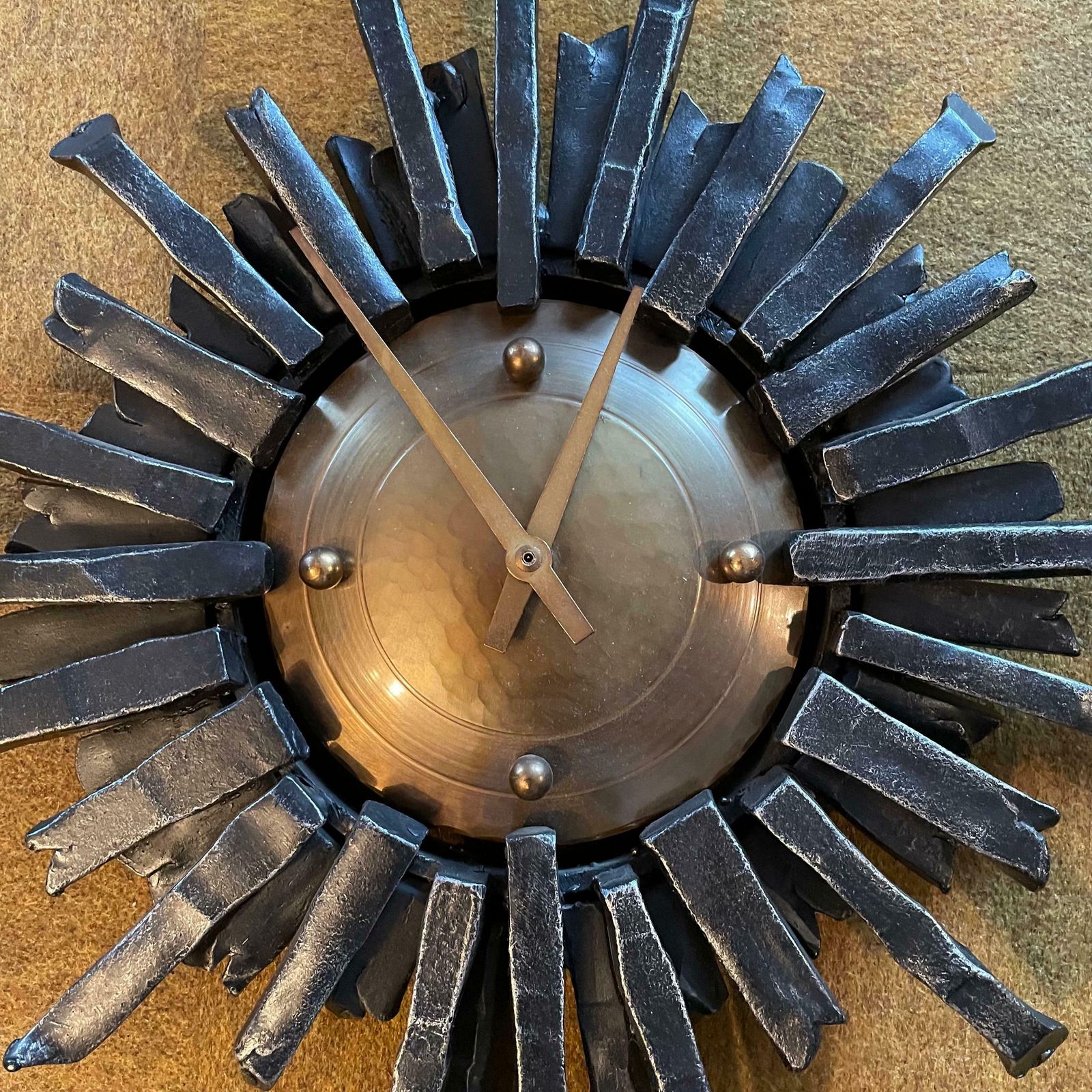 61cm 6.9kg Brutalist Hollywood Regency Sunburst Metal Wall Clock, Germany 1970s photo buy