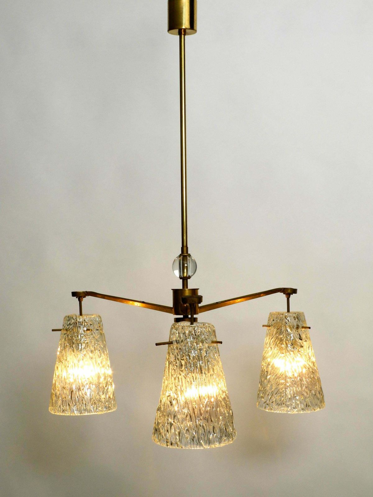 Beautiful Mid Century Ceiling Lamp With Three Glass Shades By Rupert Nikoll photo for sale
