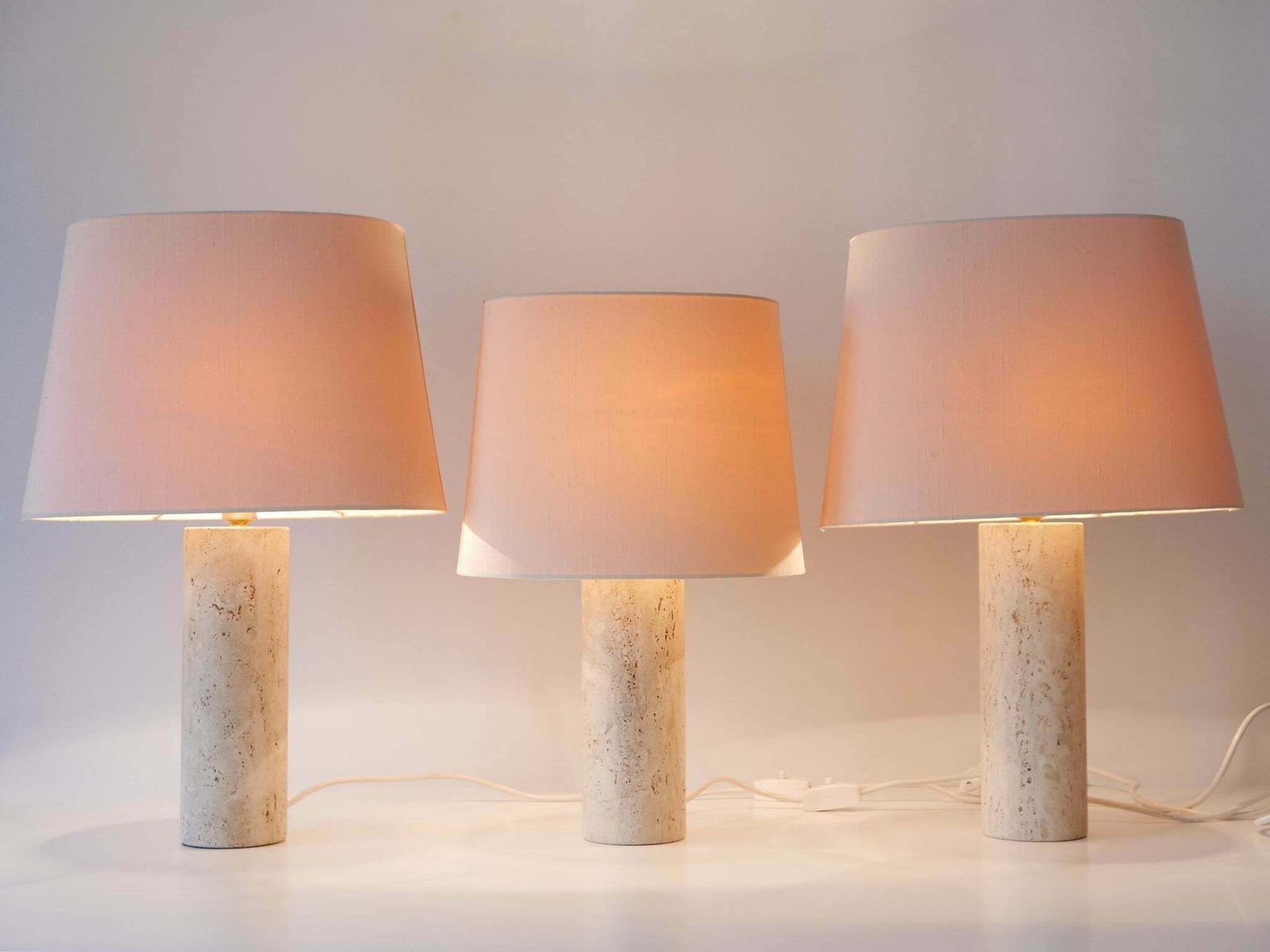 Set Of Three Elegant Mid Century Modern Travertine Table Lamps Italy 1960s photo vintage