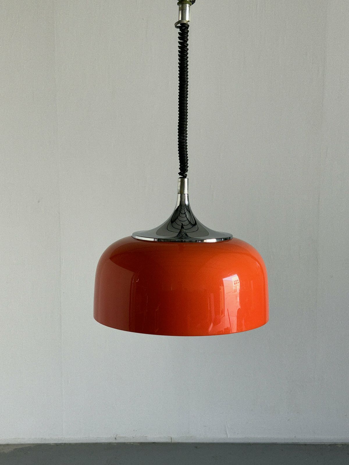 Mid Century Modern Orange Pendant Lamp Designed By Harvey Guzzini For Meblo, 1970s Space Age, Yugoslavia / Atomic Age Ufo Hanging Light photo 237.0