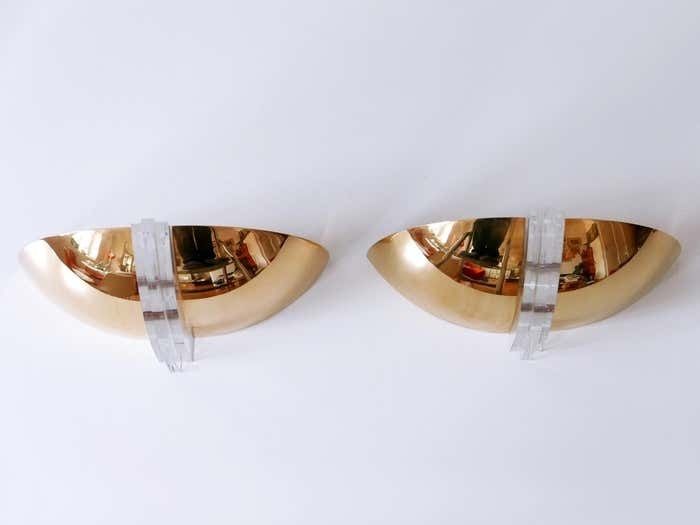 Set Of Two Elegant Gilt Brass & Lucite Sconces Or Wall Lights Germany 1980s photo Lighting