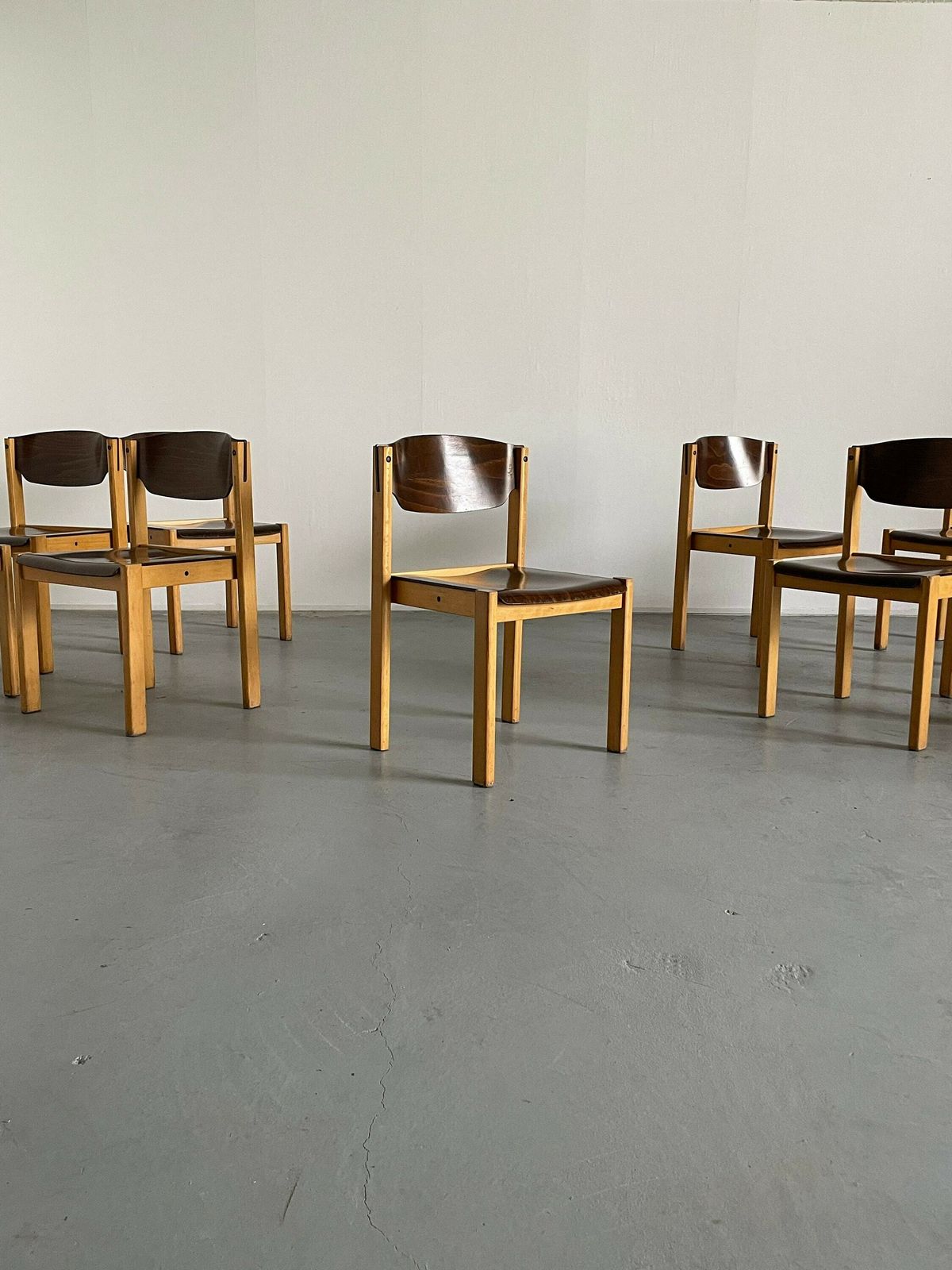 Mid Century Modern Stackable Dining Chairs Or Visitor Chairs In The Style Of Roland Rainer, Beech And Stained Plywood, 1970s Germany