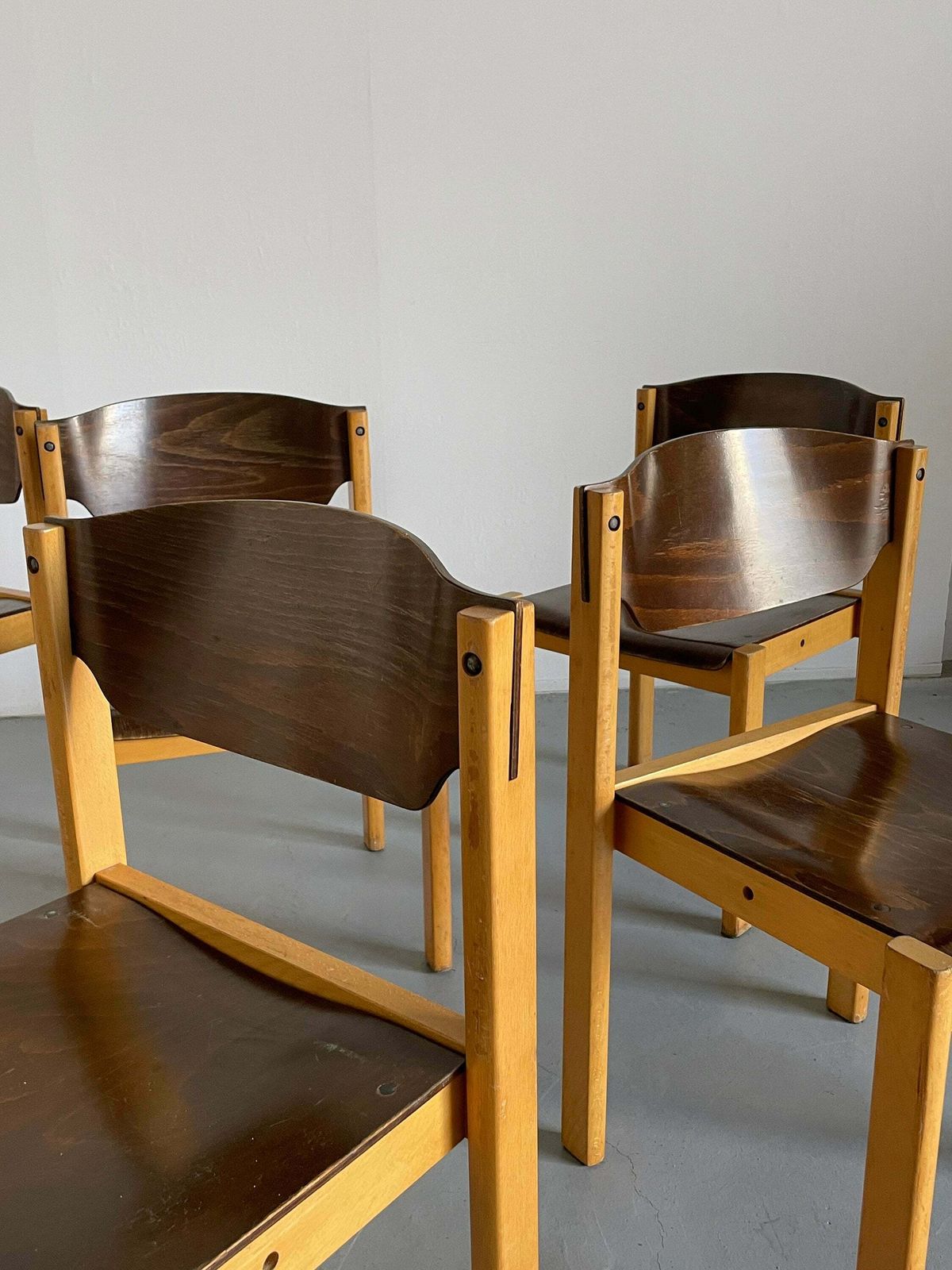 Mid Century Modern Stackable Dining Chairs Or Visitor Chairs In The Style Of Roland Rainer, Beech And Stained Plywood, 1970s Germany photo vintage