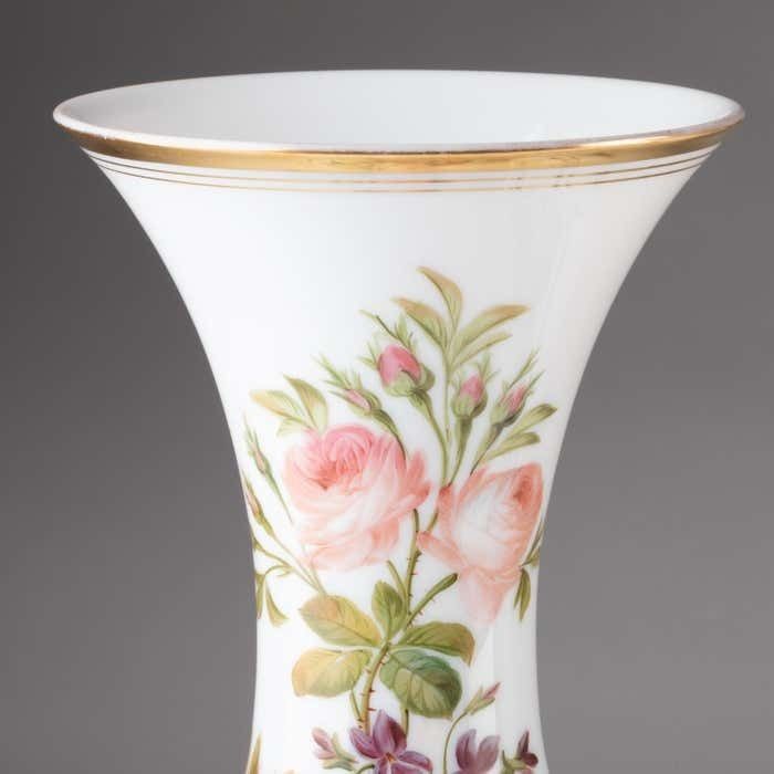 Pair Of Opaline Vases Painted With Floral Motifs, 19th Century. photo vinterior
