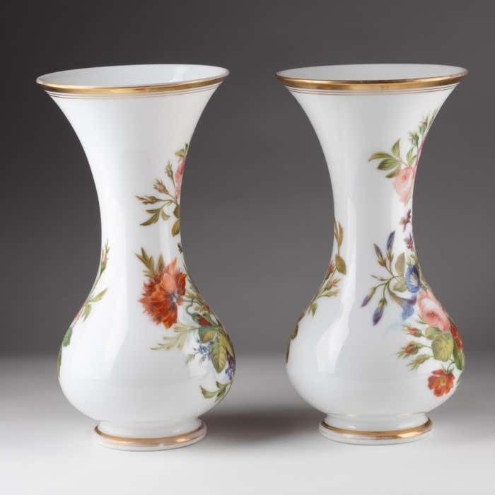 Pair Of Opaline Vases Painted With Floral Motifs, 19th Century. photo buy