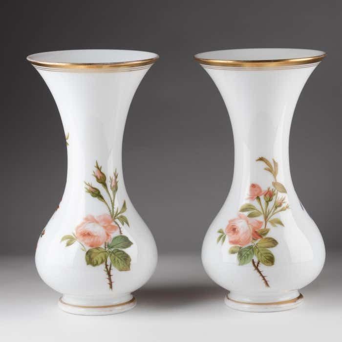 Pair Of Opaline Vases Painted With Floral Motifs, 19th Century. photo vintage