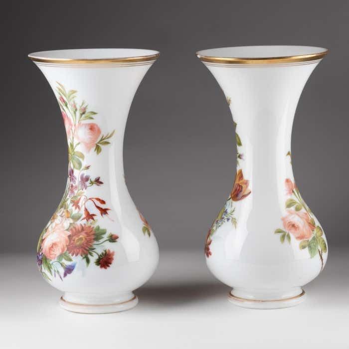 photo furniture Pair Of Opaline Vases Painted With Floral Motifs, 19th Century.